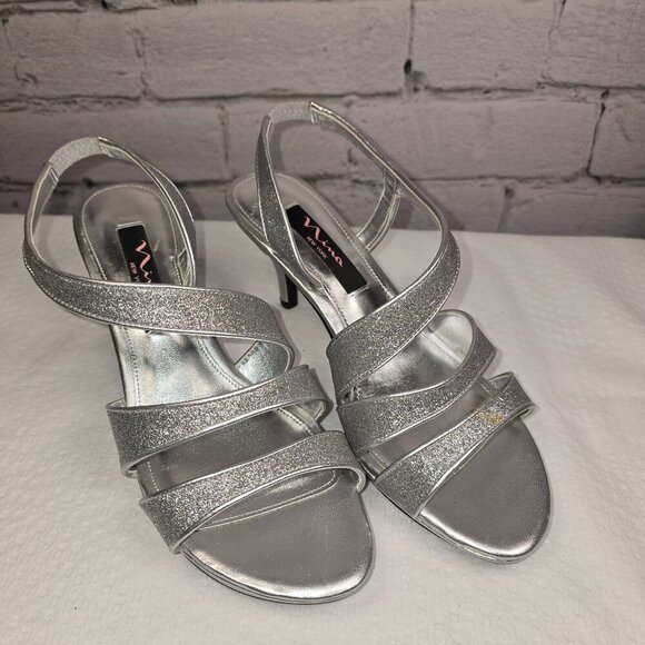 NINA NOLGA PEWTER BABY GILT SHOES WOMENS HELLE STAPPY SANDAL SIZE 7 - Picture 1 of 8